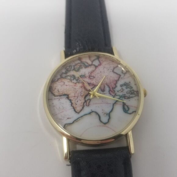 World Map Fashionable Vintage Inspired Gold Bezel Black Faux Leather Wristwatch - Picture 2 of 9